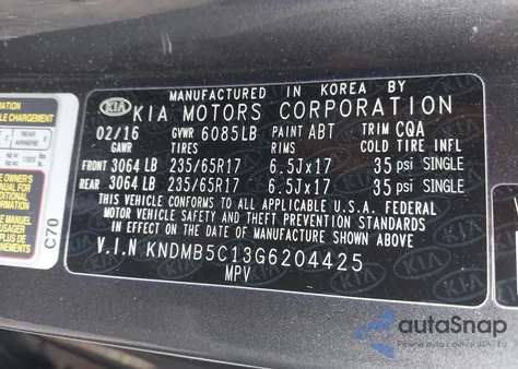 2016 Kia Sedona Lx из США, поврежденный, VIN KNDMB5C13G6204425